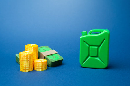 Green Canister: Fuel and Money. Eco-Friendly Fuel. Pricing, Cost, and Investment. Economic impact of green fuel prices. Alternative energy, oil industry transition, renewable investments.の写真素材
