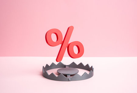 Percentage is like bait over a trap. Hidden terms and fees. Risk of overpaying or getting into debt. Financial traps, consumer protection, deceptive advertising. Credit awareness. Misleading offers.の写真素材