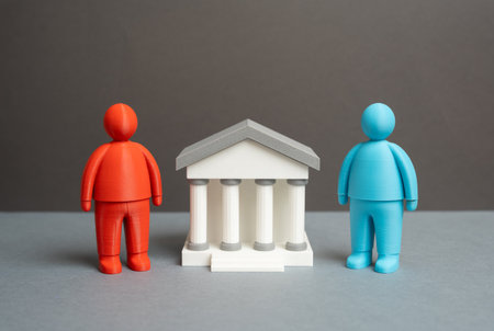 The bank acts as an intermediary between the parties to the transaction. Concluding a transaction at a bank. Dispute resolution in court. Financial mediation, transparency, and regulatory oversight.の写真素材