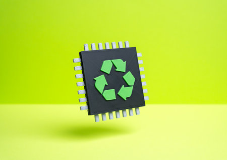 Computer chip with a recycling symbol. Improving the environment through high technology. Recycling data center waste and minimizing the environmental impact of electronics manufacturing.の写真素材