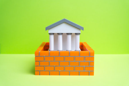 The government building is behind closed barriers. Isolation and short-sightedness of management. Government shutdown. Bureaucracy, lack of transparency, and political crisis.の写真素材