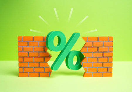 The green percentage breaks through the brick wall. Excellent interest rates on deposits and loans. Breaking barriers in finance, innovation in banking, successful marketing promotions.の写真素材