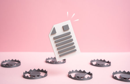 Careful examination of the contract for hidden disadvantages and loopholes in the law. Concept of due diligence and legal expertise. Business consulting, contract analysis and risk management.の写真素材