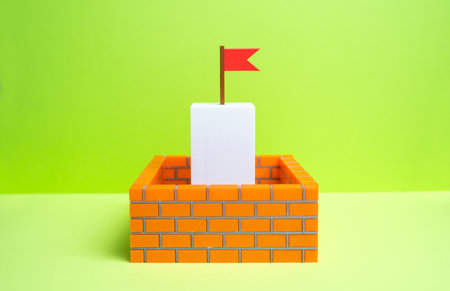 The podium with the goal flag is surrounded by insurmountable walls. Difficult to reach the goal, to overcome all the obstacles. Strategic planning and motivation. Success barriers, career growth,の写真素材