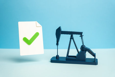 An oil pump and a document with a green checkmark. Production license. Oil futures contract. Regulatory approval. Shale oil. Energy markets, and extraction legality. Environmental policyの写真素材