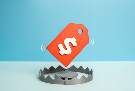 A favorable price is like bait in a trap. Marketing tricks to fool buyers by presenting a favorable price. Consumer fraud and deceptive promotions. Retail warnings. Buyer awarenessの写真素材