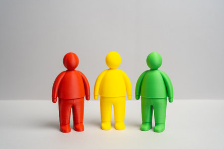 Three human figures: red, yellow, and green. Assessment of suitability for the job. Candidates and skills. Selection criteria. Recruitment, employee ranking. Professional competency models.の写真素材