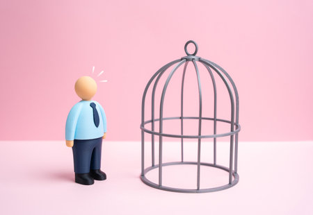 An office worker stares at an empty cage. Concept of achieving luck or a goal. Risk of punishment for breaking the law. Discipline and responsibility. HR training, compliance and motivation.の写真素材