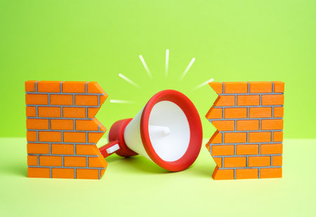 Megaphone breaks through the wall of censorship. Freedom of speech and information access. Digital rights, media control issues. Global communication challenges.の写真素材