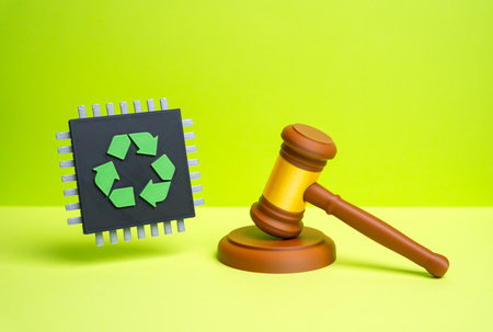 A chip with a recycling symbol and a judge's gavel. Laws and regulations for the recycling of electronic waste and components. ESG policy, tech regulation, and sustainability governance.の写真素材