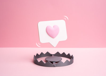 A love message as bait for a trap. Online dating and scammers. Digital fraud and emotional manipulation. Cybersecurity awareness, social media safety education and psychology.の写真素材