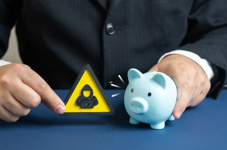 Hacker threat to savings and crypto assets. Cybersecurity alerts, digital finance risks, online...