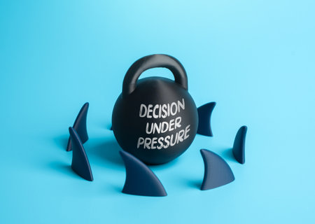 Decisions under pressure. A weight surrounded by shark fins. Leadership challenges, risk management, crisis strategy and psychological pressure.の写真素材