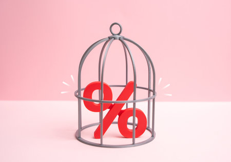 Red percentage symbol in a birdcage. Interest rate control. Financial restrictions and monetary policy oversight. Banking analytics, credit regulation and economy.の写真素材