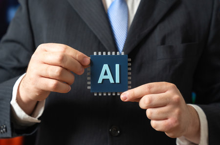 A businessman holds an AI chip. Implementing AI technologies in business. Investing in innovation....