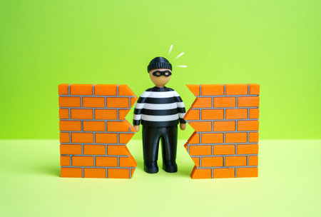 A criminal finds a hole in the wall. The concept of finding a vulnerability in security. System...
