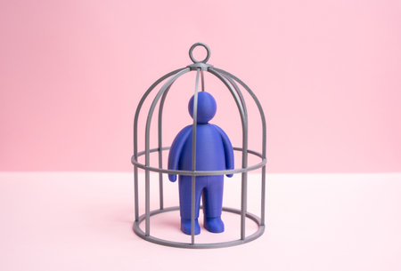 Purple man in a cage. Trapped. Limited and constrained. Ignorance of being trapped. Psychological pressure, workplace burnout and social restriction.の写真素材