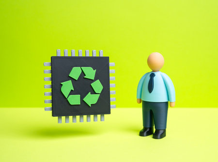 Businessman and chip with recycling symbol. Commercial recycling of electronic components. Precious metals and rare earth elements. Sustainability reports, tech industry and circular economy.の写真素材