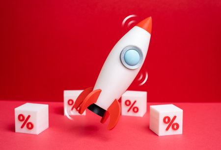 A rocket among discounts and discounts. Great prices, great deals during the sale. Rapid sales growth and marketing boosts. Advertising campaigns, e-commerce materials and seasonal promotions.の写真素材