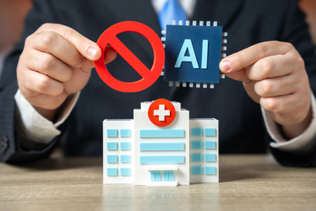 Ban on the use of AI in certain healthcare services. The issue of human error and the risk of AI malfunction in medicine. Medical ethics, regulatory policy, patient safety. Digital health oversightの写真素材