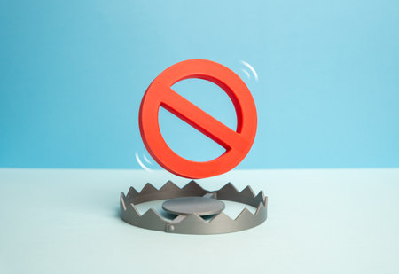 There is no prohibition sign above the trap. Restrictions and prohibitions. Consequences for violation. Penalties for breach of contract. Legal compliance, business risk alerts and corporate training.の写真素材
