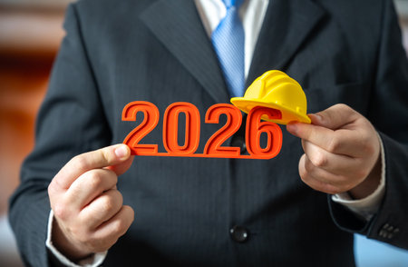 A businessman holds the year 2026 in a yellow construction helmet. Construction plans for next year....