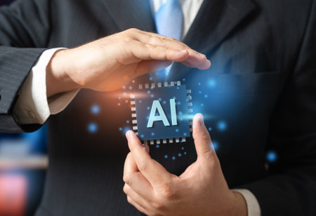 A businessman holds a computer chip with AI. New AI and neural network technologies. Implementing innovations in business and industry. Digital transformation and automation. Tech industryの写真素材
