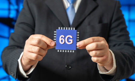 The new 6G microchip in the hands of a businessman. An innovative communication standard. Internet...