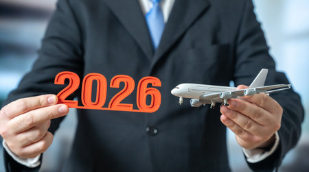 A passenger plane and 2026 in the hands of a businessman. Aviation trends and news. New routes and...