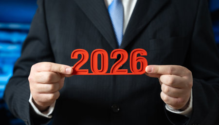 A businessman holds the year 2026 in his hands. New Year in business and commerce. Strategic planning and future opportunities. Corporate forecasting, growth expectations and annual economic outlookの写真素材