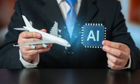 Implementation of AI in aviation and flight management. Airplane and AI microchip. Modern aviation technology integrates artificial intelligence to optimize flight routes, enhance safetyの写真素材