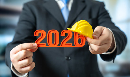 The official holds the year 2026 and a yellow worker's helmet. Plans for next year. Construction and...