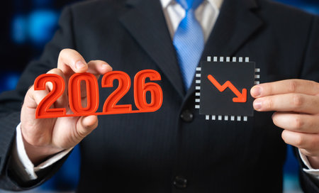 Microchip shortage in 2026. Memory chip shortage, insufficient production, and high demand for AI. Supply chain stress impacts technology markets and slows digital transformation.の写真素材