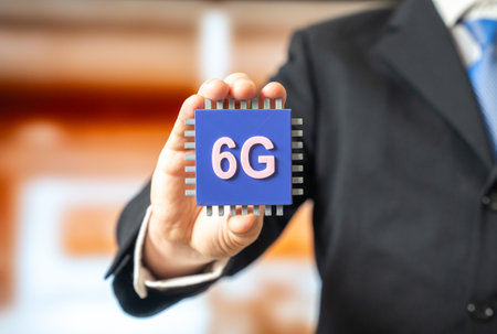 Businessman holding a new 6G microchip. Internet of Things. An innovative communication standard....