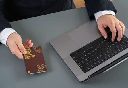 Official hands over portuguese passport. Crossing border and customs. Obtaining document or portugal...