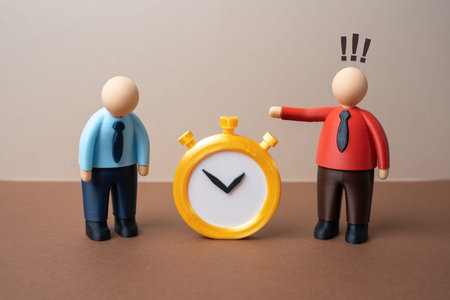 The boss reprimands the employee for being late. Missed deadlines and overtime at work. Workplace...
