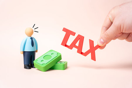 The businessman is surprised by the new taxes on fees. Rising fiscal pressure and unexpected regulatory changes. Impact of taxation reform on corporate profits and financial planningの写真素材