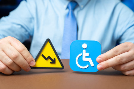 Warning sign of declining status and symbol of a person with a disability. Reduction in payments and...