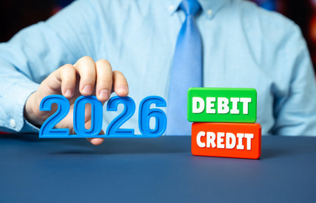 A businessman holds 2026 accounts for debits and credits. Accounting services and year end reporting...