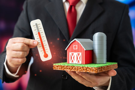 A farm and a thermometer reflect the health of the agricultural sector. Climate conditions influence productivity and investment. Agro-industry stability depends on environmental and economic factors