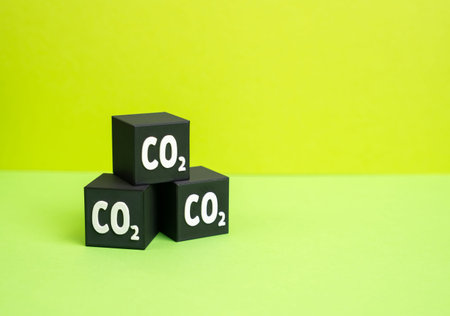 CO2 cubes symbolizing carbon dioxide emissions and the greenhouse effect. Environmental pollution, climate change, industrial emissions and global ecological problems.