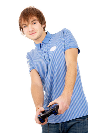 the guy plays video games isolated on white backgroundの写真素材