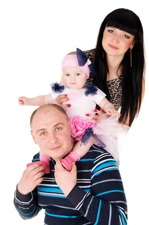 Happy father and mother with baby isolated on white backgroundの写真素材
