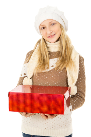 girl holding a gift boxの写真素材