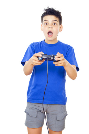 boy plays video games on the joystickの写真素材