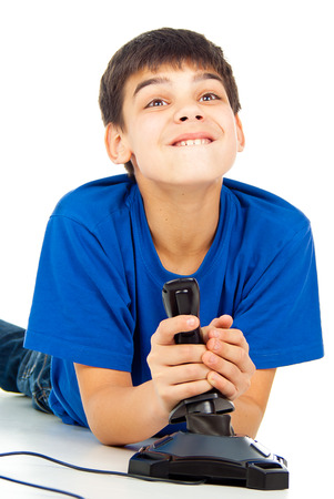 funny guy with a joystick playing video gamesの写真素材