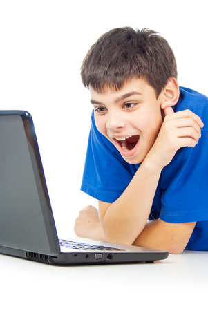 funny guy with a laptop isolatedの写真素材