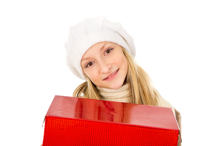 girl in a hat with a giftの写真素材