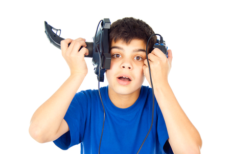 boy holds two joystick lostの写真素材