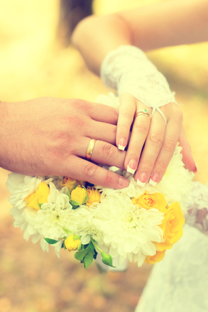 Bride and groom indicate ringsの写真素材